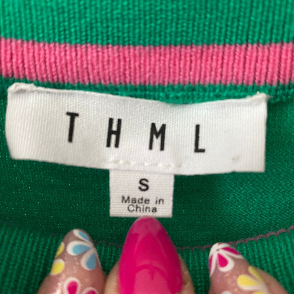 THML Small Green Pink Ruffle Shoulder Striped Trim Long Sleeve Knit Sweater - Picture 4 of 6